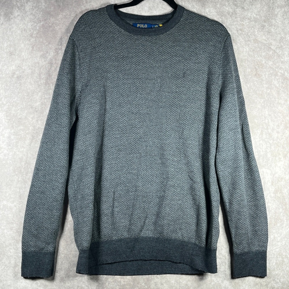 Polo Ralph Lauren Sweater Mens Large Gray Chevron Washable Merino Wool Preppy